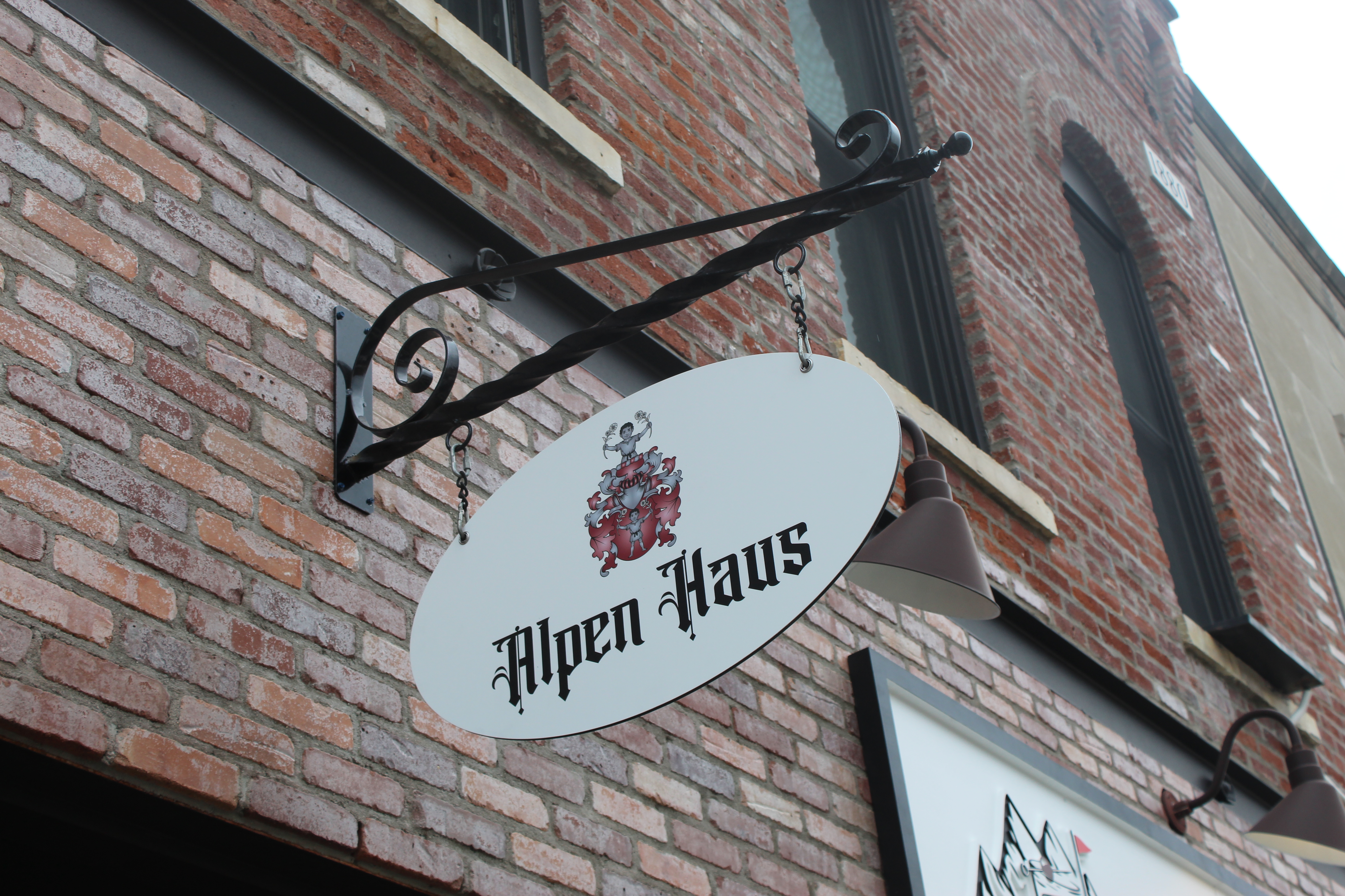 Alpen Haus hanging sign — downtown Valparaiso, Indiana